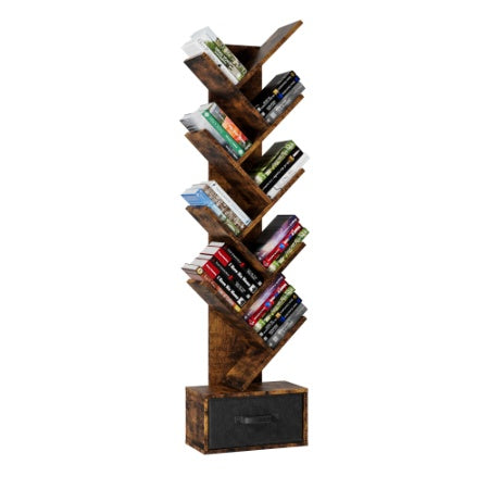 9 Tier Tree Bookshelf With Drawer Bookcase, Modern Book Storage, Free Standing Tree Bookcase, Utility Organizer Shelves