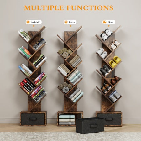 9 Tier Tree Bookshelf With Drawer Bookcase, Modern Book Storage, Free Standing Tree Bookcase, Utility Organizer Shelves