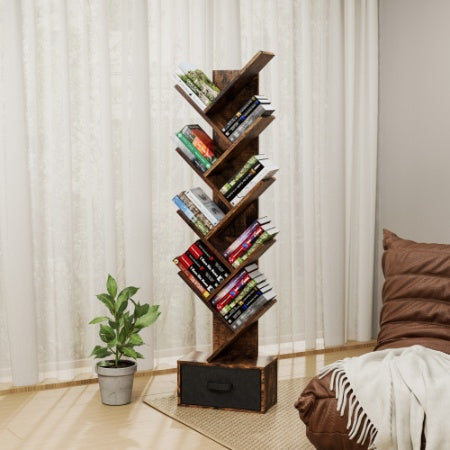 9 Tier Tree Bookshelf With Drawer Bookcase, Modern Book Storage, Free Standing Tree Bookcase, Utility Organizer Shelves