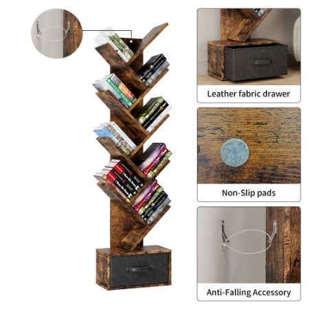 9 Tier Tree Bookshelf With Drawer Bookcase, Modern Book Storage, Free Standing Tree Bookcase, Utility Organizer Shelves
