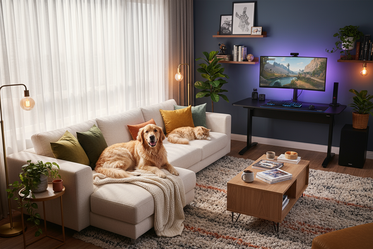 Cozy living room scene with a pet happily lounging, stylish décor, and a gaming or workspace area in the background

