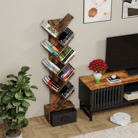 9 Tier Tree Bookshelf With Drawer Bookcase, Modern Book Storage, Free Standing Tree Bookcase, Utility Organizer Shelves