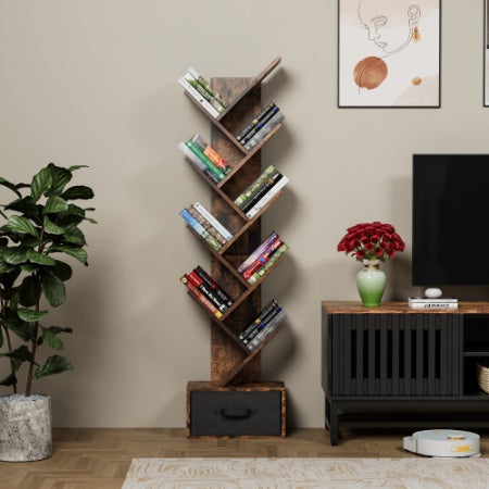 9 Tier Tree Bookshelf With Drawer Bookcase, Modern Book Storage, Free Standing Tree Bookcase, Utility Organizer Shelves